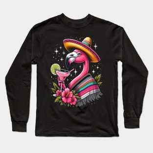 funny flamingo drinking margarita Long Sleeve T-Shirt